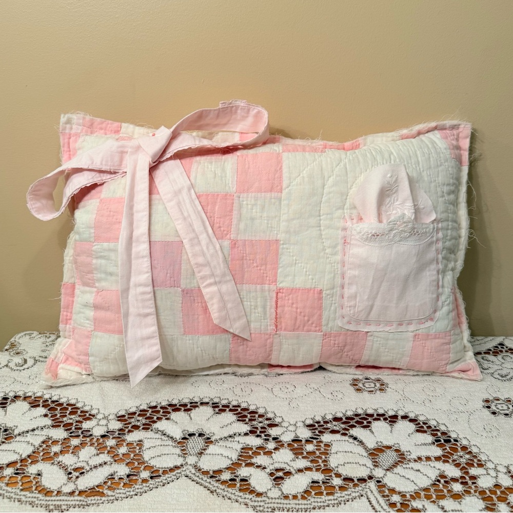 Antique Patchwork Pink and White Quilted‎ Pillow